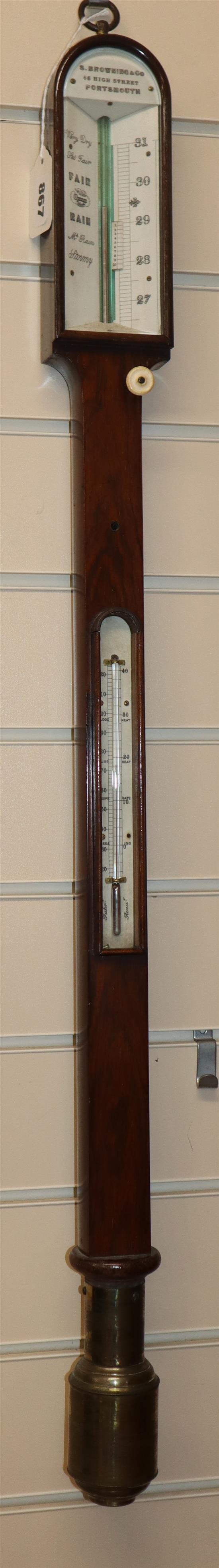 A Victorian rosewood marine barometer, circa 1835, by S Browning & Co, Portsmouth, H 93cm W 8cm